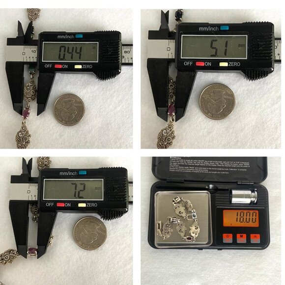 Sterling Silver 925 Multi Gemstone Marcasite Floral Link Bracelet 7.25" - Picture 10 of 16